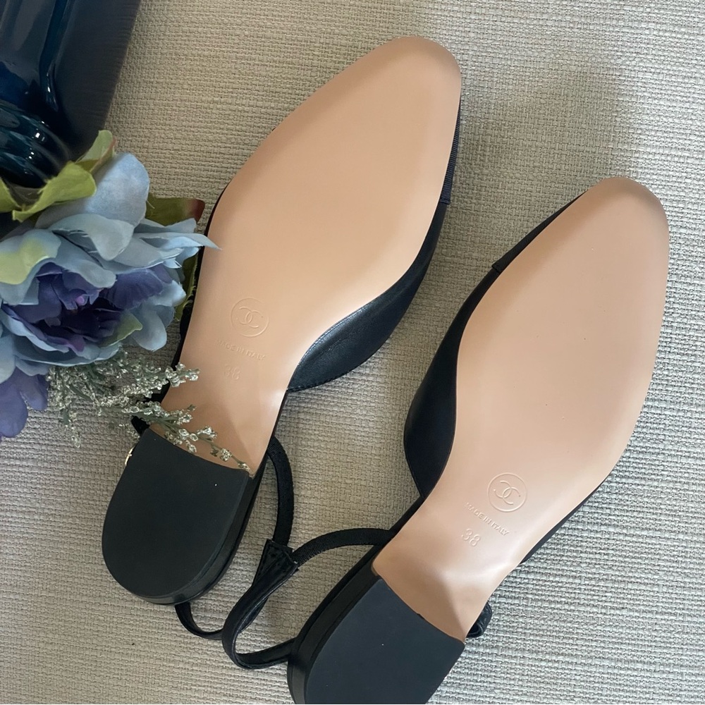 Goatskin Grosgrain Cap Toe CC Slingback Ballerina Flats in Black FR 38 / US 7 - Picture 10 of 15